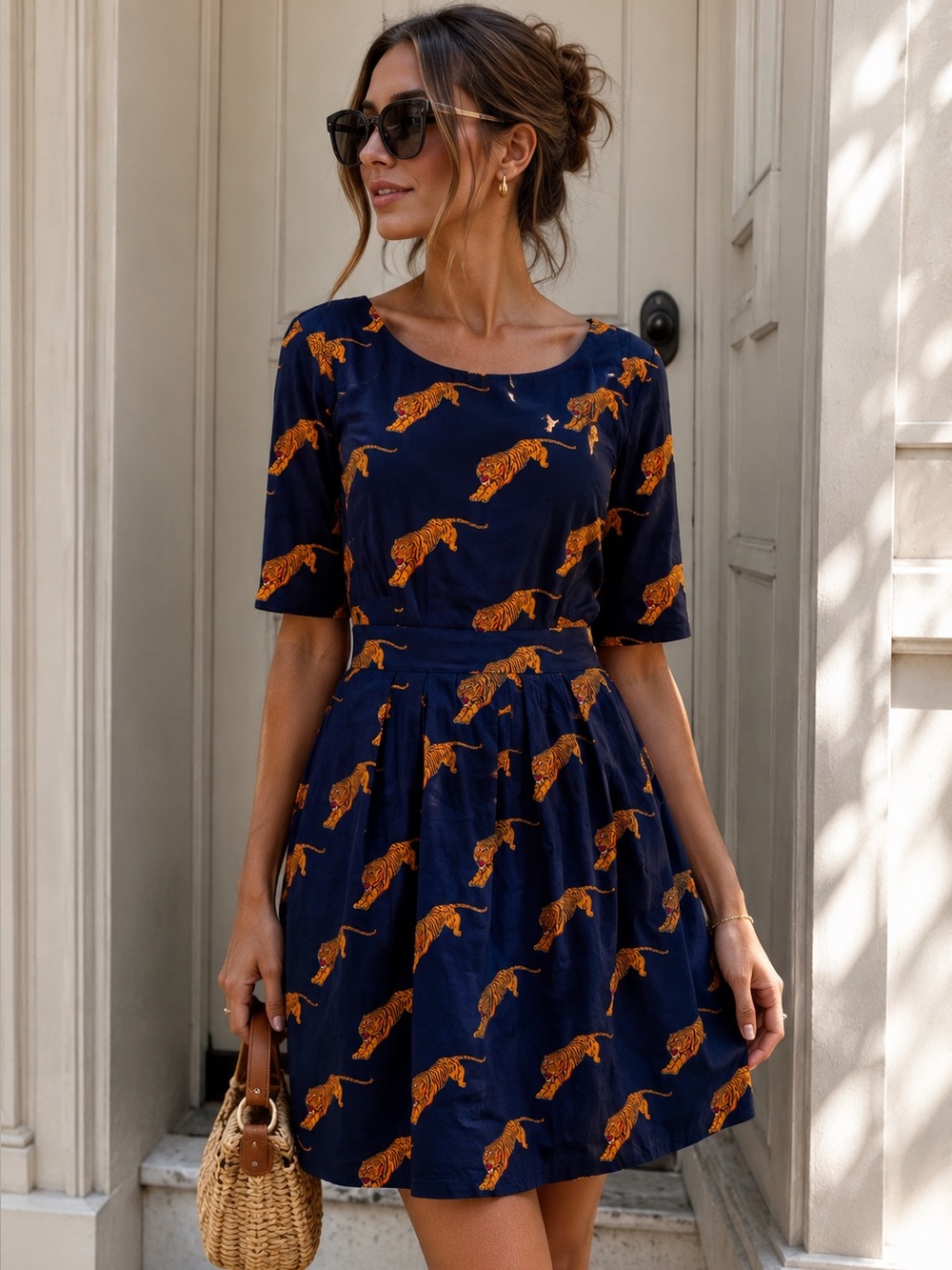 Emily and Fin Tiger Print Navy Fit & Flare Dress Size S UK 10 Viscose